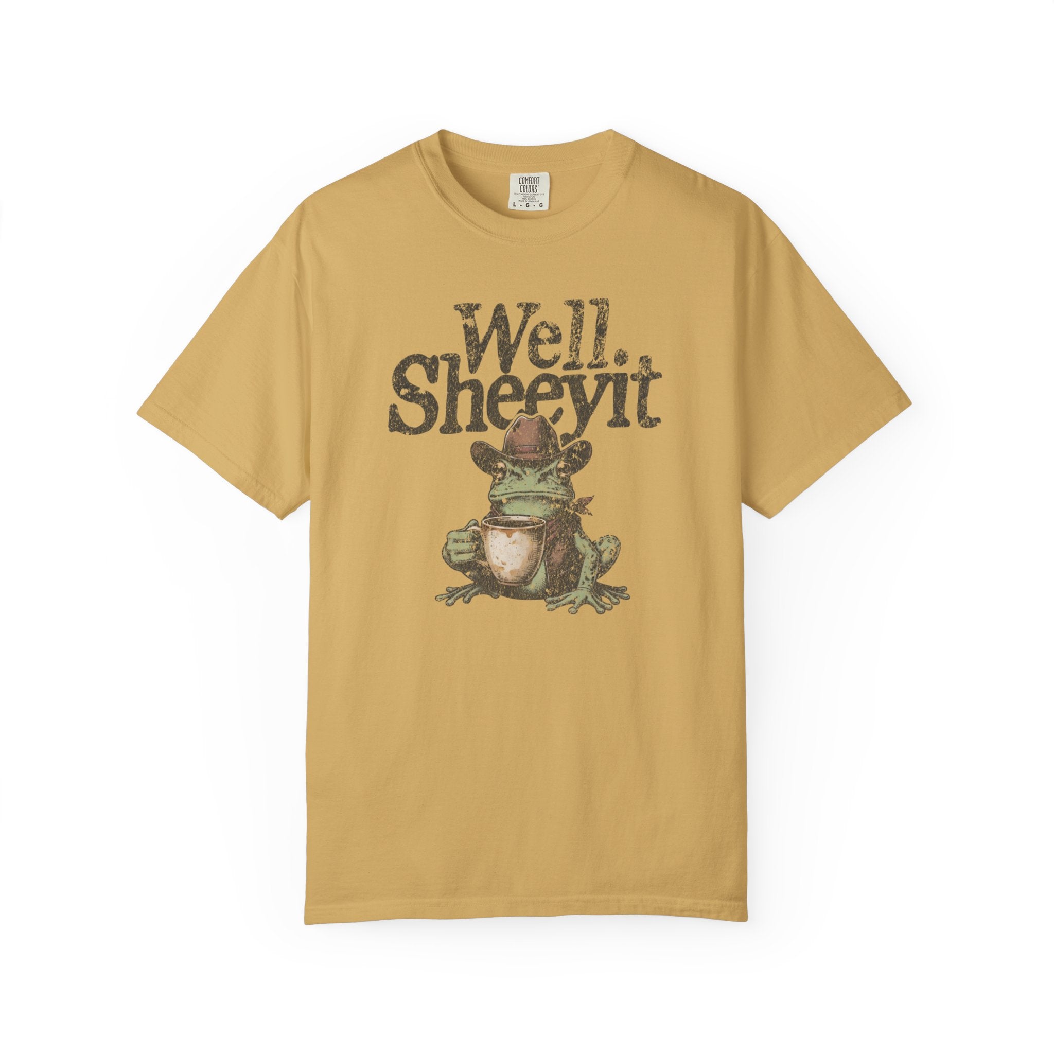 Mustard yellow unisex t-shirt featuring a graphic of a cowboy frog holding a coffee mug.
