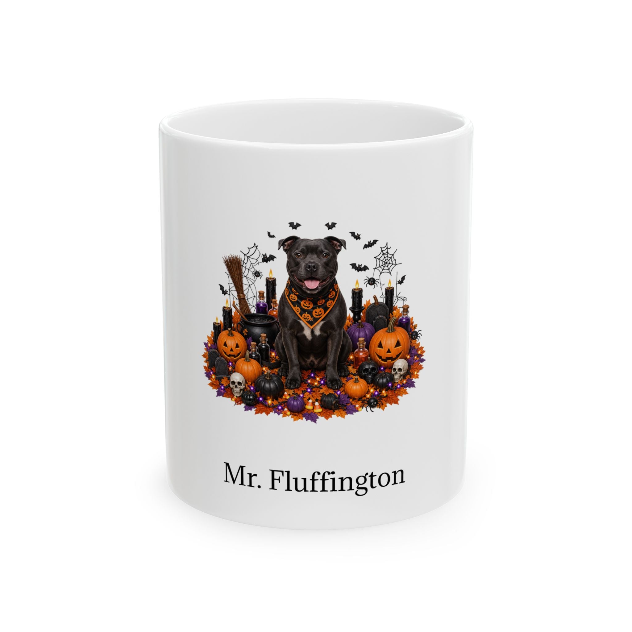 Personalized Staffordshire Bull Terrier dog Halloween mug, 15oz white ceramic, with custom pet name on front
