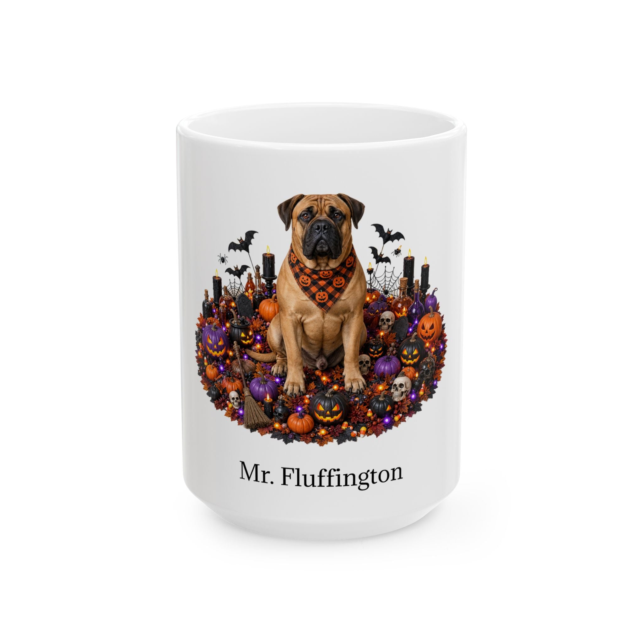Angled Boerboel dog Halloween mug with personalized pet name and fall design — image 3