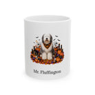 Personalized Old English Sheepdog Halloween mug, 15oz white ceramic, with custom pet name on front