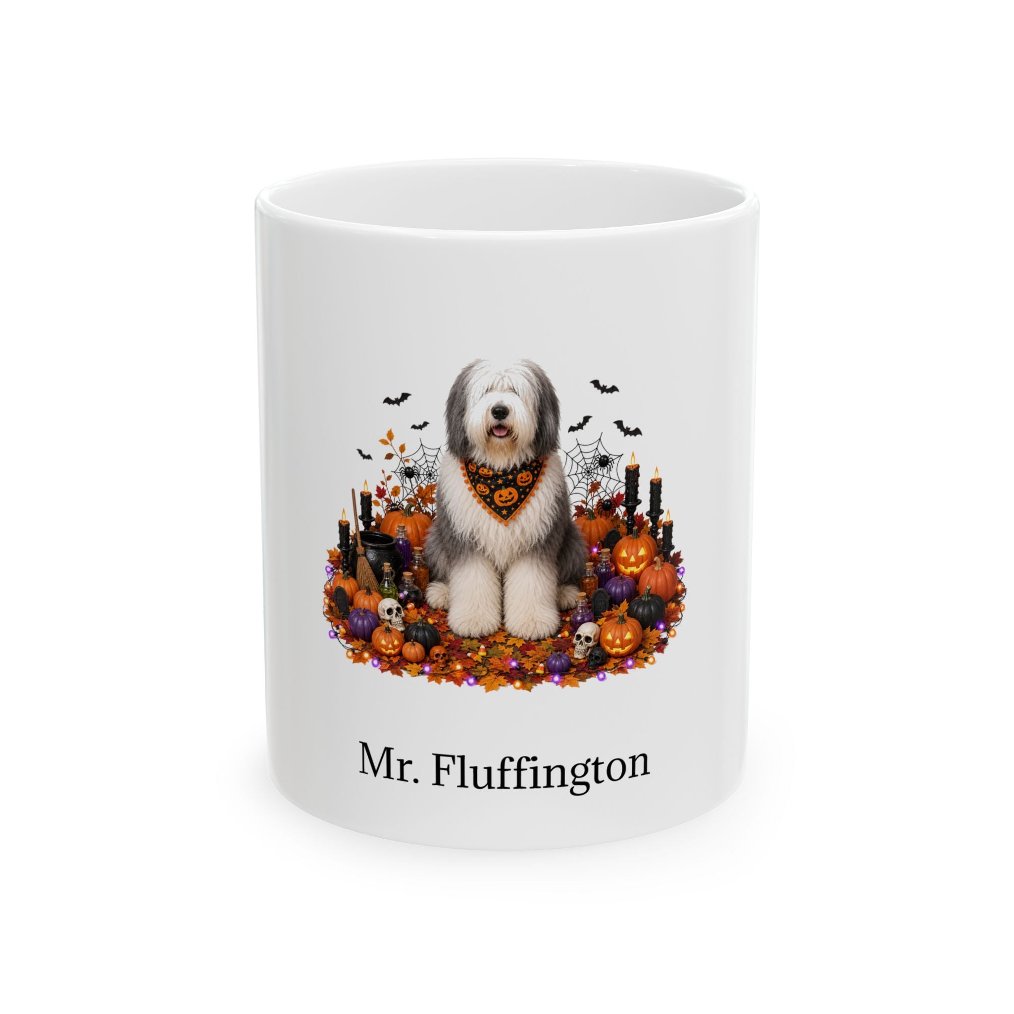 Personalized Old English Sheepdog Halloween mug, 15oz white ceramic, with custom pet name on front