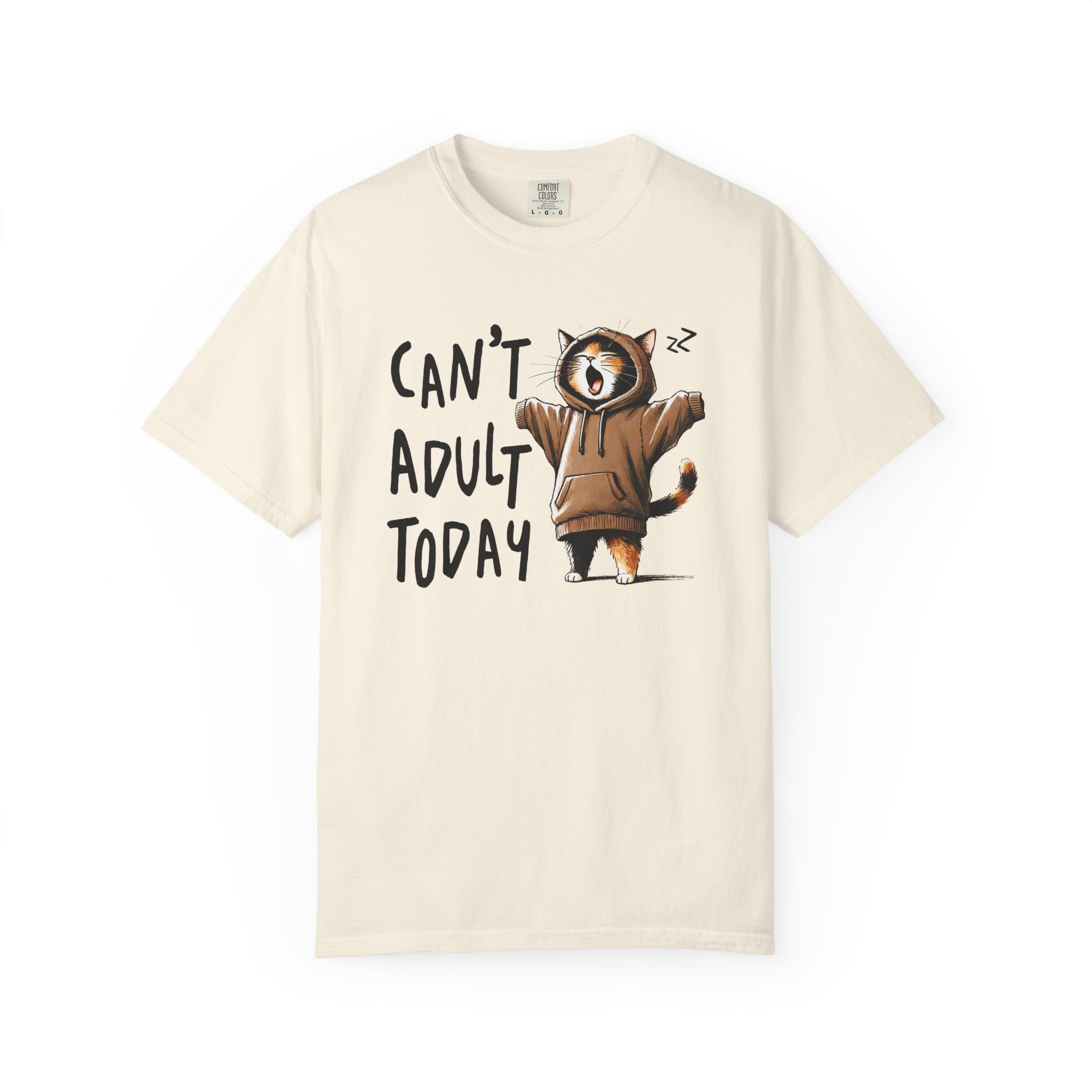 A cream-colored heavyweight cotton t-shirt featuring a graphic of a yawning cat in a hoodie.