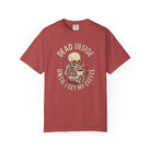 Red t-shirt featuring a skeleton wearing sunglasses and holding a steaming coffee mug.
