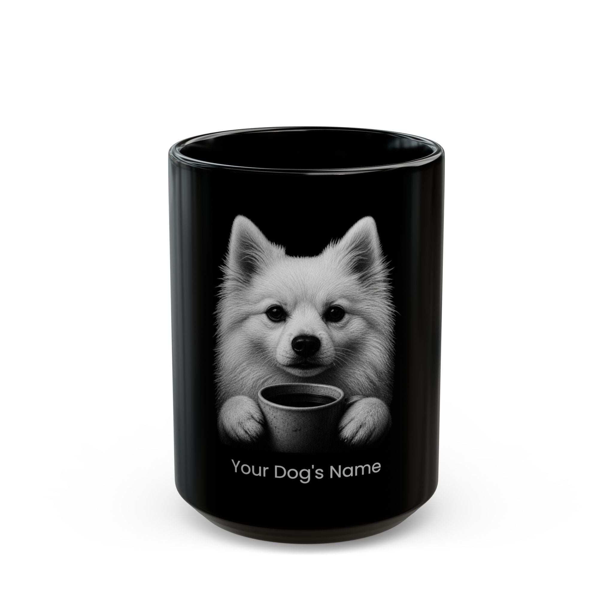 Personalized Toy American Eskimo black ceramic coffee mug with custom dog name