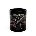 Black ceramic coffee mug featuring a Grim Reaper holding a seam ripper in a sewing room.
