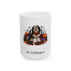 Personalized Tibetan Terrier dog Halloween mug, 15oz white ceramic, with custom pet name on front
