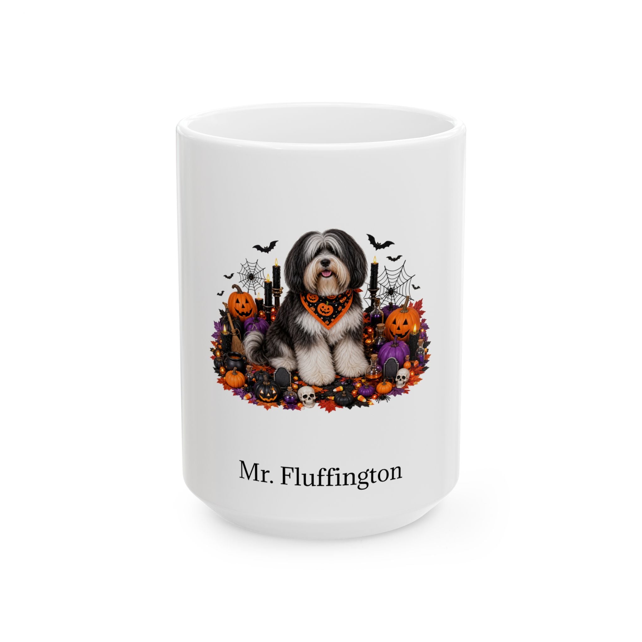 Personalized Tibetan Terrier dog Halloween mug, 15oz white ceramic, with custom pet name on front