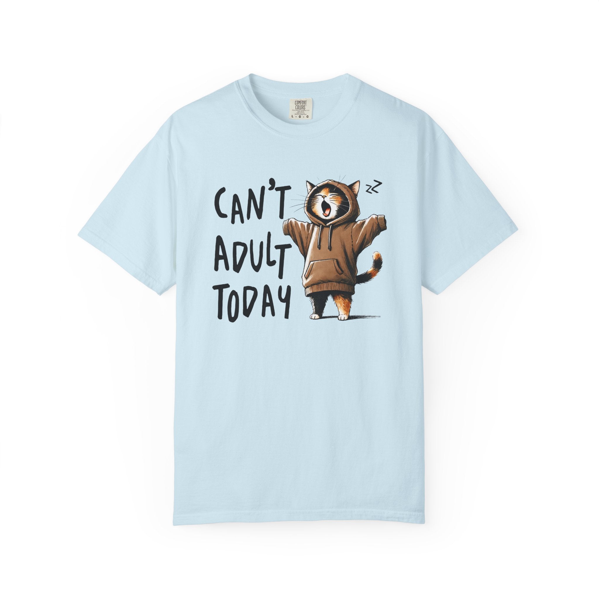 A light blue heavyweight cotton t-shirt featuring a graphic of a yawning cat in a brown hoodie.