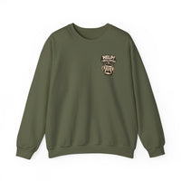 An olive green crewneck sweatshirt featuring a graphic of a stressed coffee cup with text.