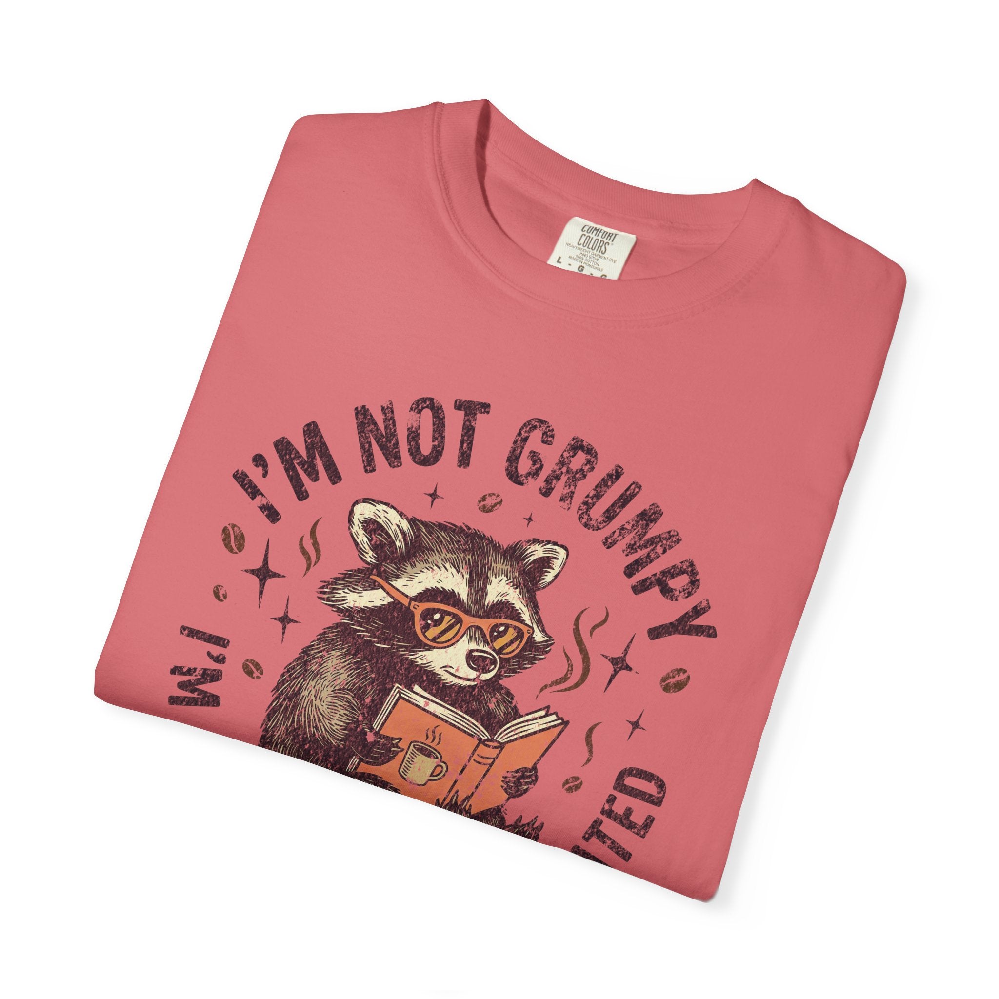 A folded pink cotton t-shirt featuring a graphic of a raccoon wearing glasses and reading a book.