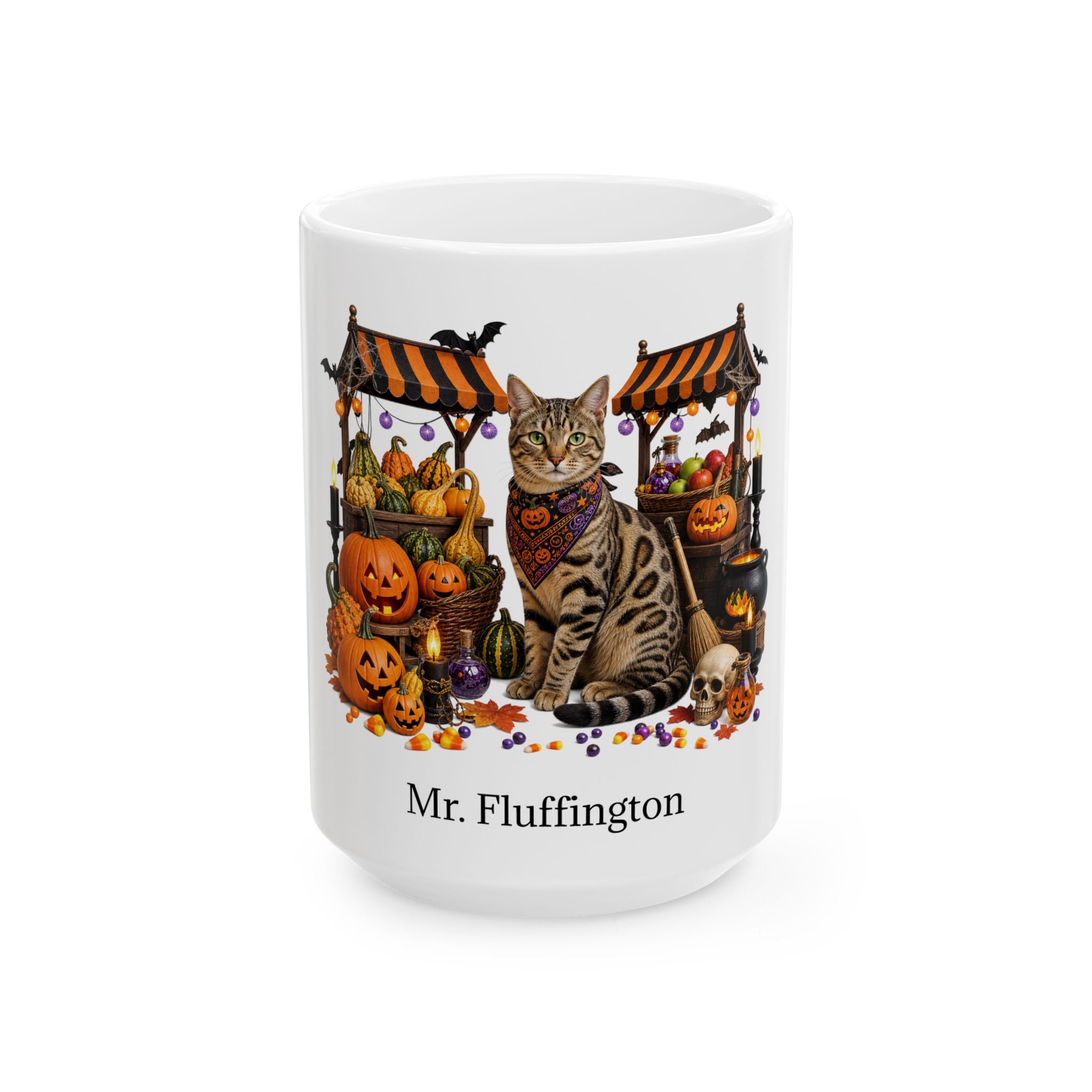 Angled Tabby cat Halloween mug with personalized pet name and fall design — image 3