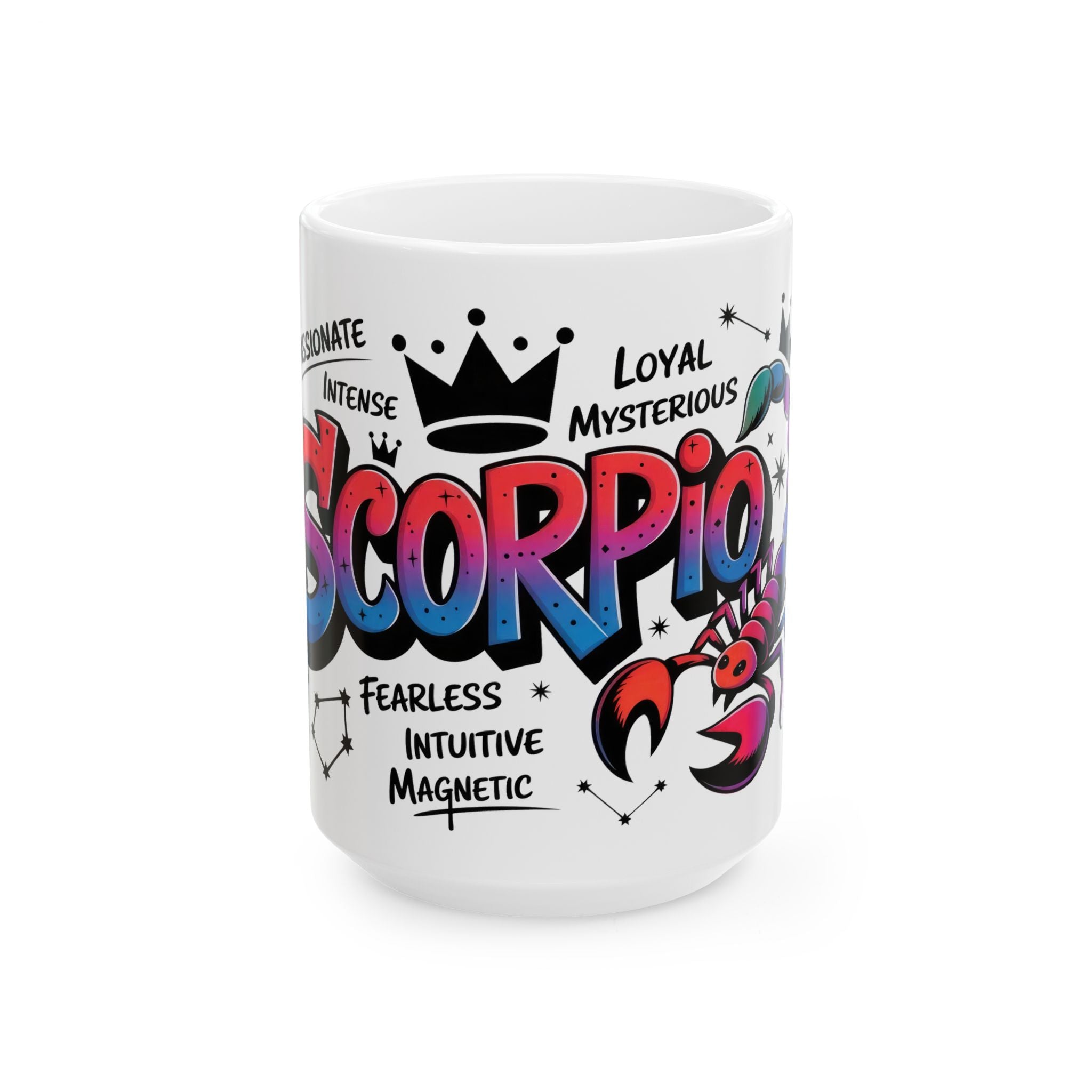 A white ceramic mug featuring a colorful Scorpio zodiac design with a scorpion illustration.