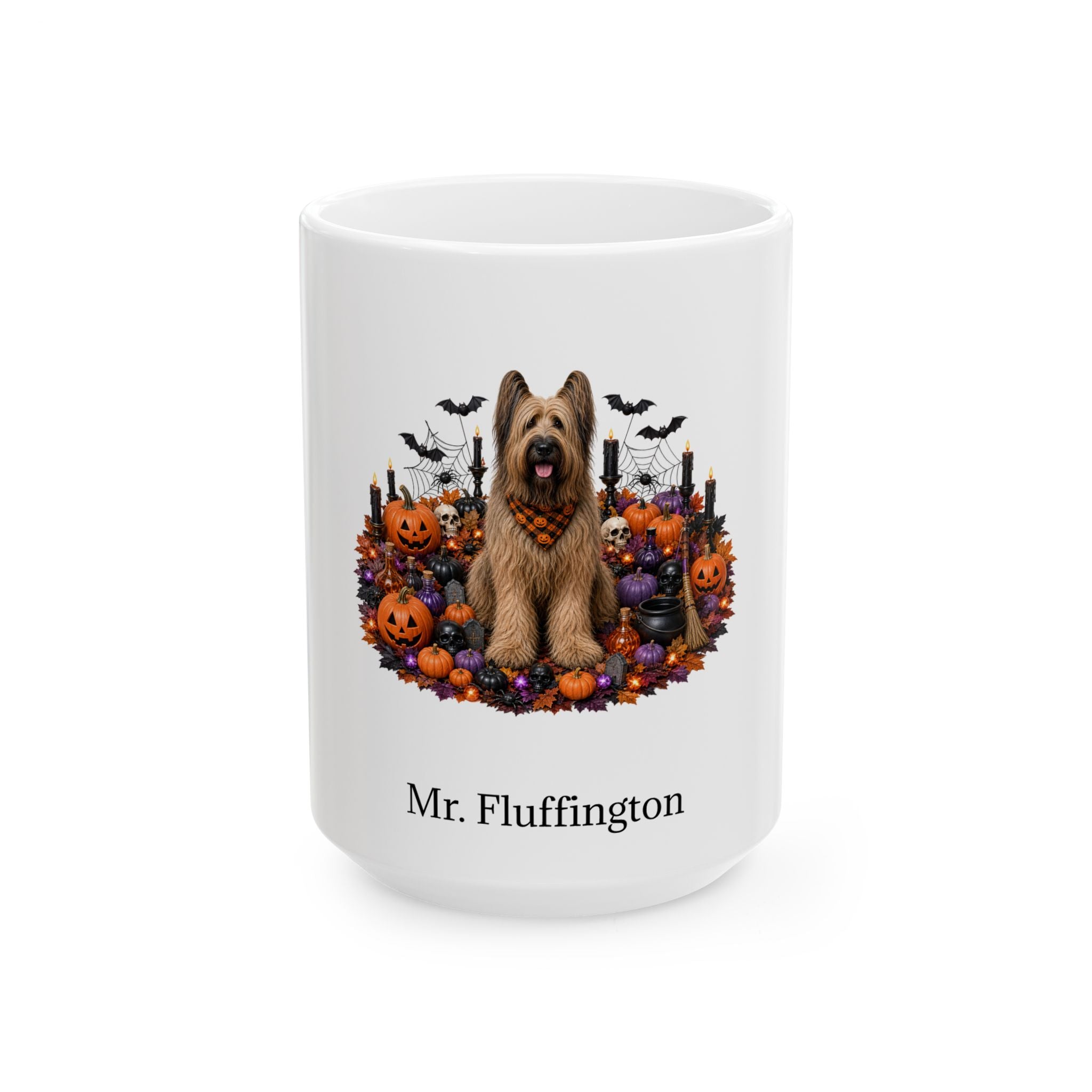 Personalized Briard dog Halloween mug, 15oz white ceramic, with custom pet name on front