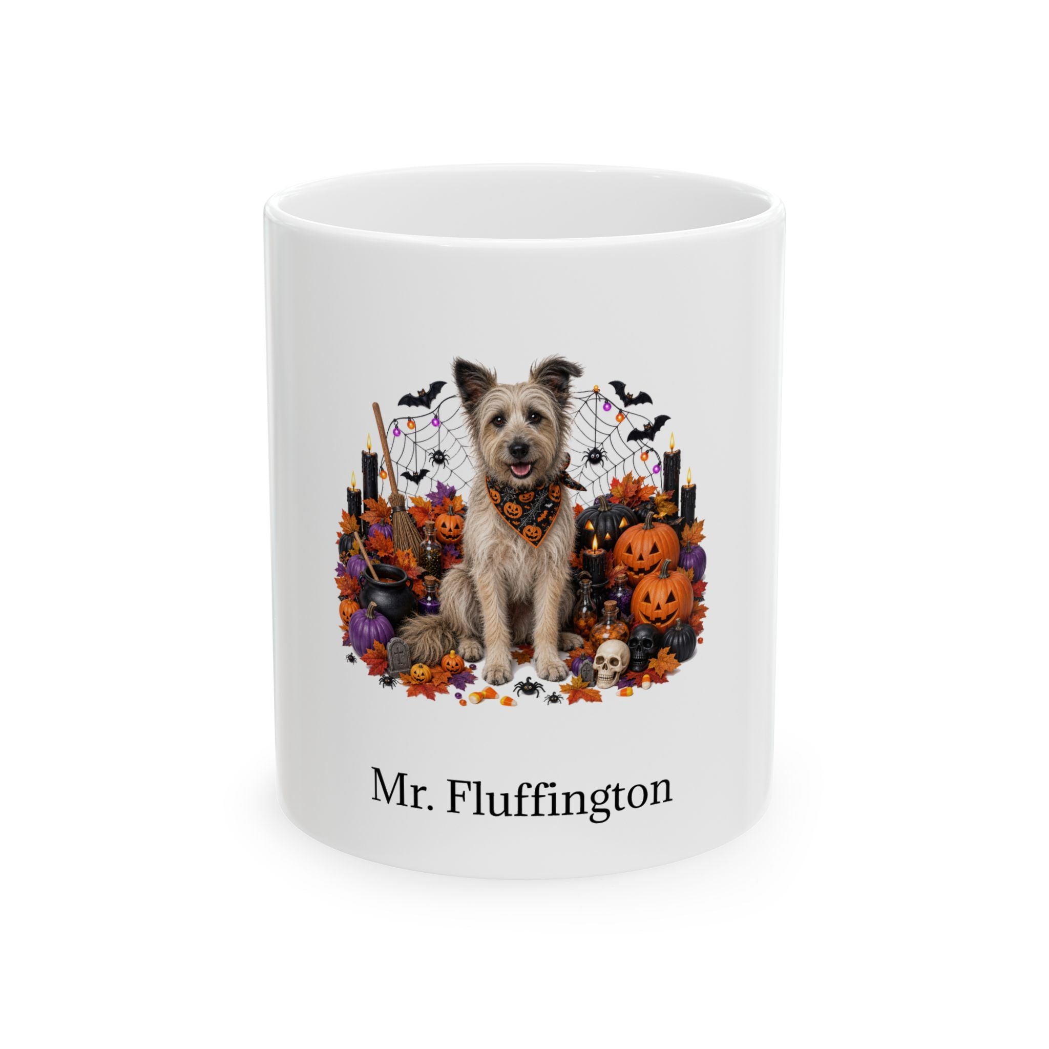 Personalized Pyrenean Shepherd dog Halloween mug, 11oz white ceramic, with custom pet name on front