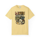 Light yellow unisex cotton t-shirt with a distressed Death Before Decaf graphic and skull design.