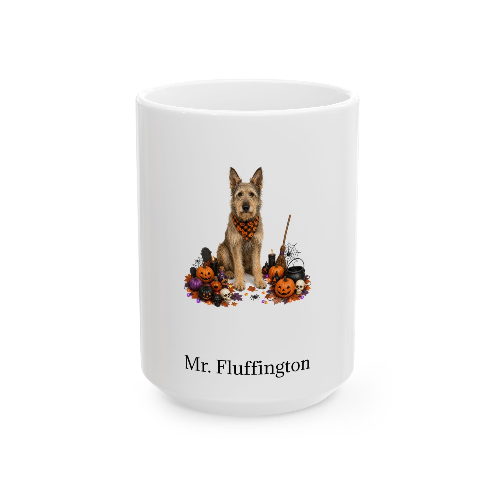 Personalized Berger Picard dog Halloween mug, 11oz white ceramic, with custom pet name on front