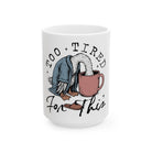 White ceramic mug featuring an illustration of an exhausted goose in a robe drinking coffee.