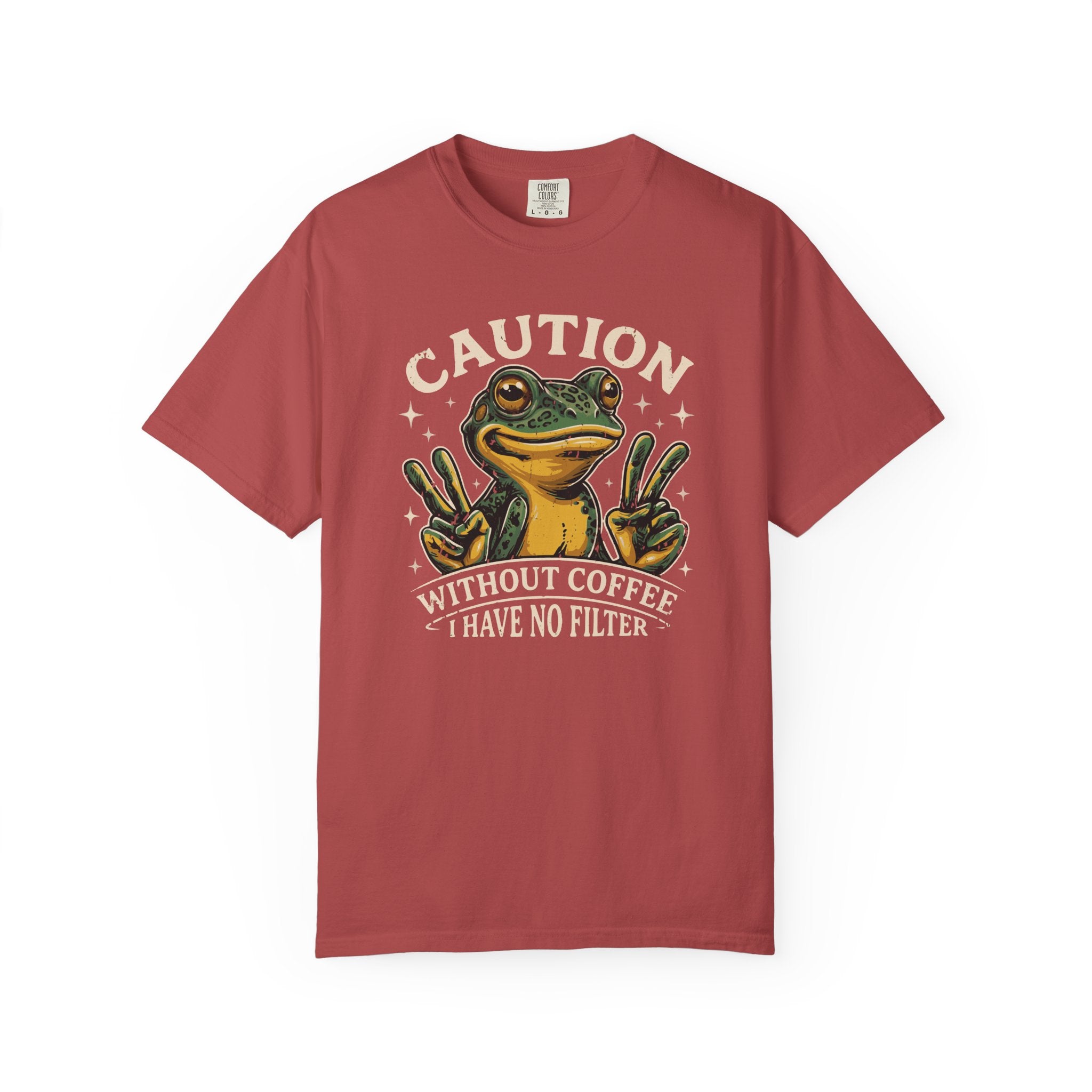 Red t-shirt featuring a graphic of a frog making peace signs with the text Caution No Filter.