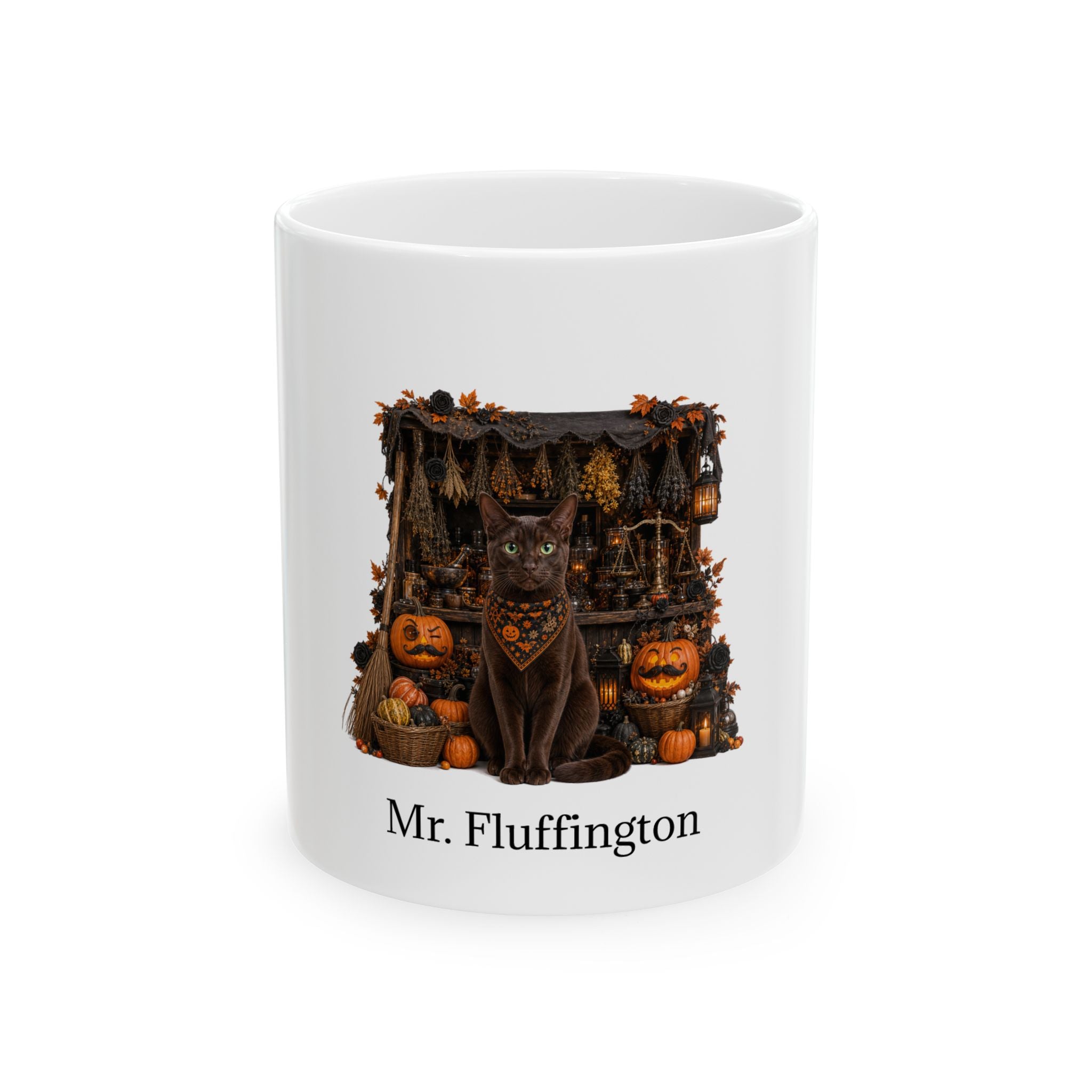 Personalized Havana Brown cat Halloween mug, 11oz white ceramic, with custom pet name on front