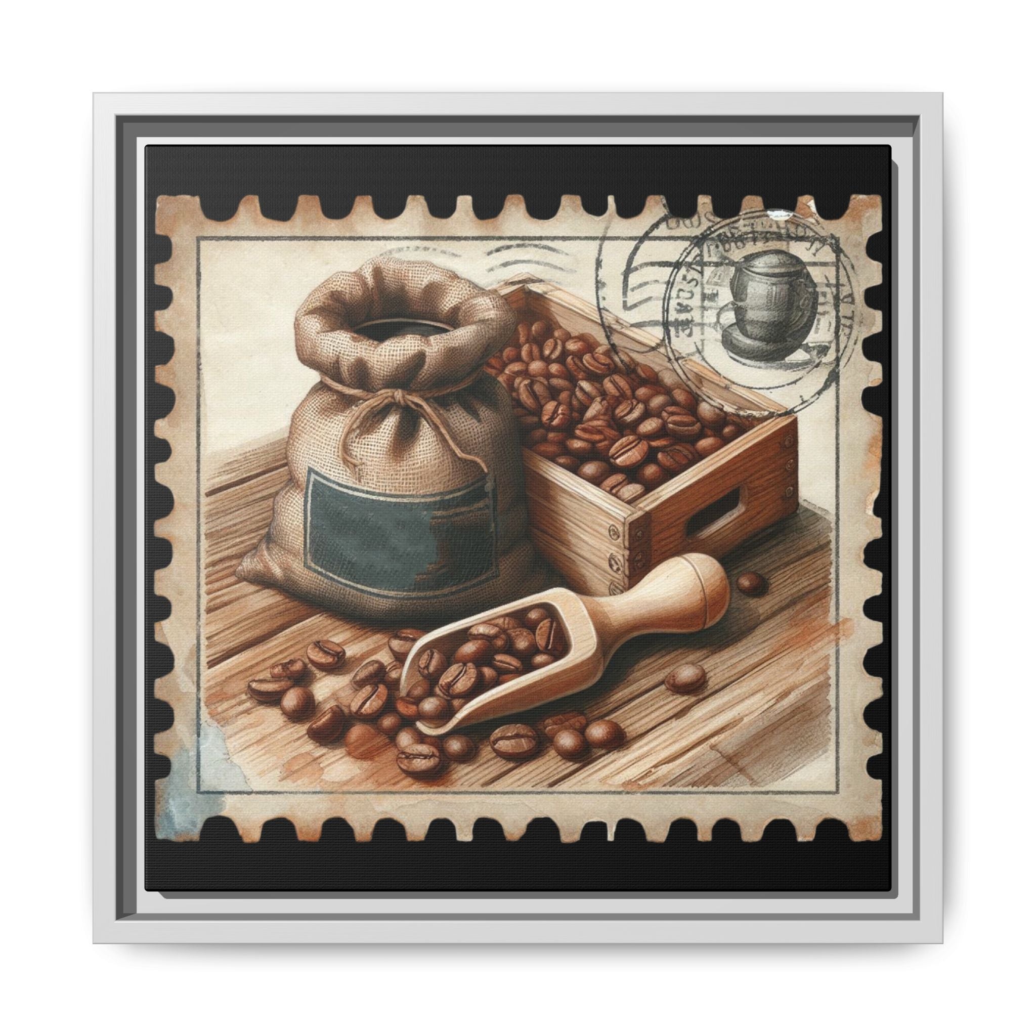 Vintage Coffee Stamp Framed Canvas Art - 14x14 Kitchen Wall Decor