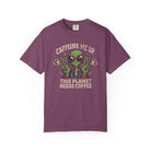 Purple unisex cotton t-shirt with a distressed alien graphic and the text Caffeine Me Up.