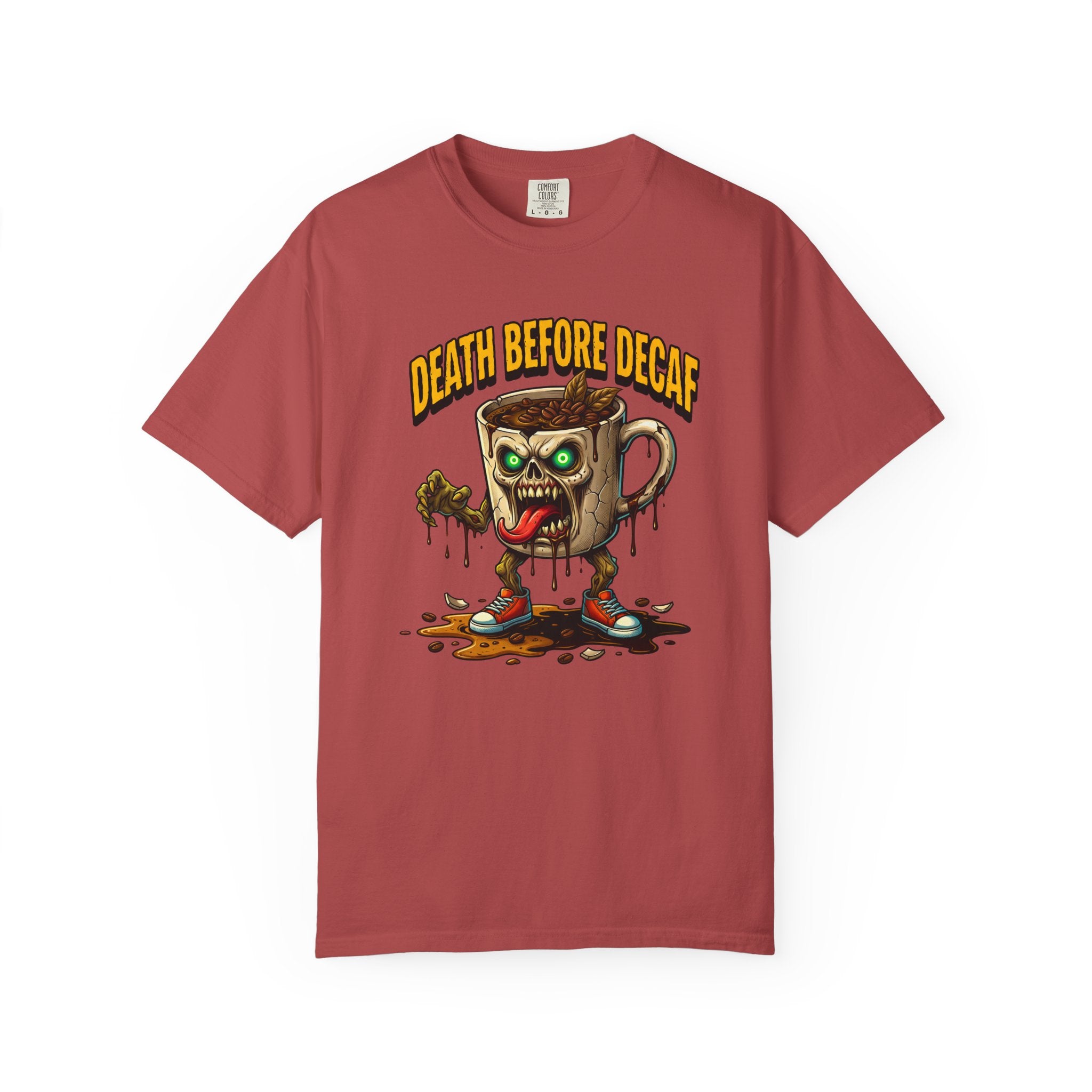 Red unisex t-shirt featuring a graphic of a zombie coffee mug with the text Death Before Decaf.