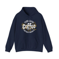 A navy blue hooded sweatshirt featuring a white and gold graphic that says Fill With Coffee.