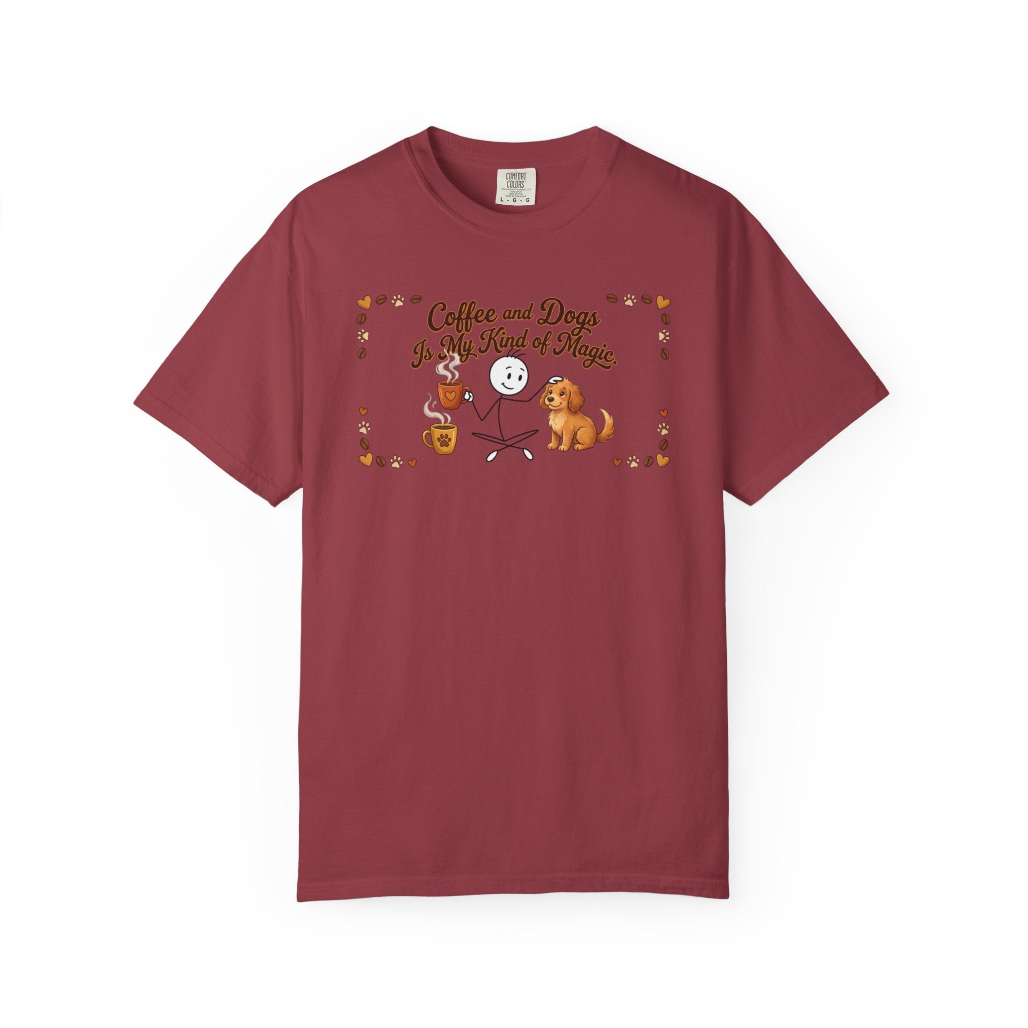 Red t-shirt featuring a stick figure with a dog and coffee mugs, text reads Coffee and Dogs Magic.