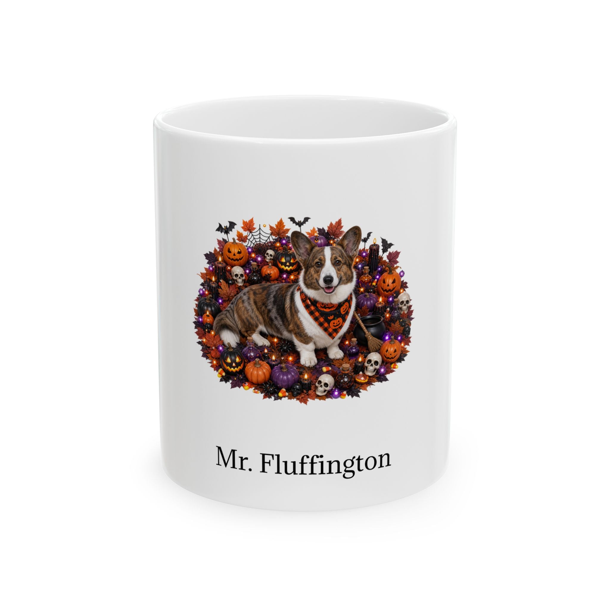 Personalized Cardigan Welsh Corgi dog Halloween mug, 15oz white ceramic, with custom pet name on front