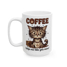 White ceramic mug featuring a fluffy kitten holding a coffee cup with the text Coffee helps me.