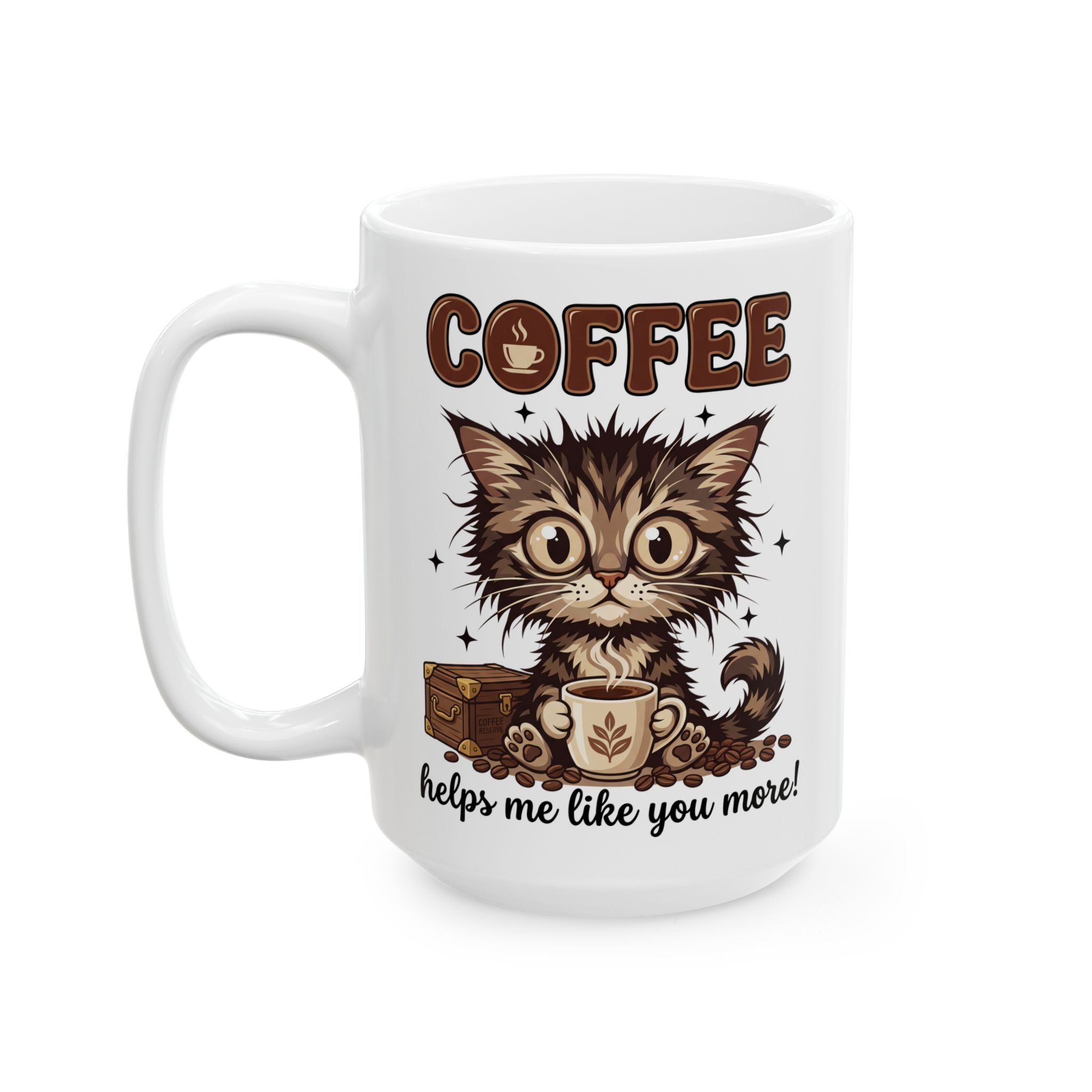 White ceramic mug featuring a fluffy kitten holding a coffee cup with the text Coffee helps me.