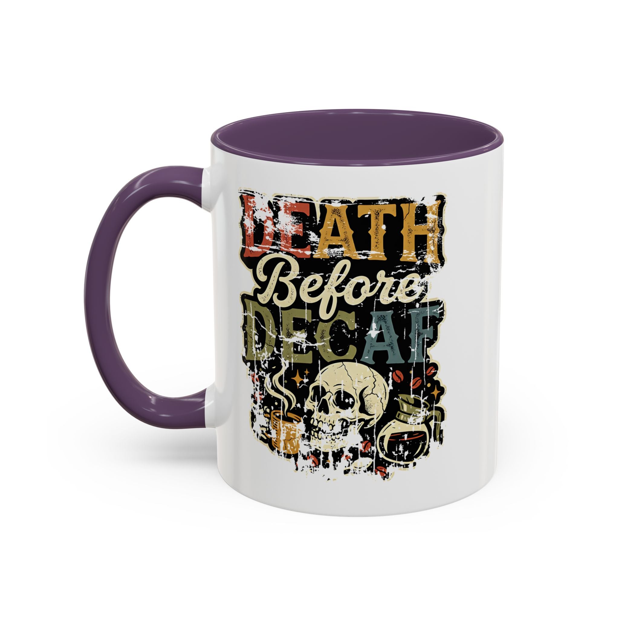 White ceramic mug with a purple handle featuring a retro skull and coffee graphic.