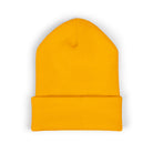 A yellow cuffed knit beanie with a subtle embroidered coffee cup detail.