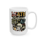 White ceramic coffee mug featuring a distressed graphic of a skull, coffee pot, and text.