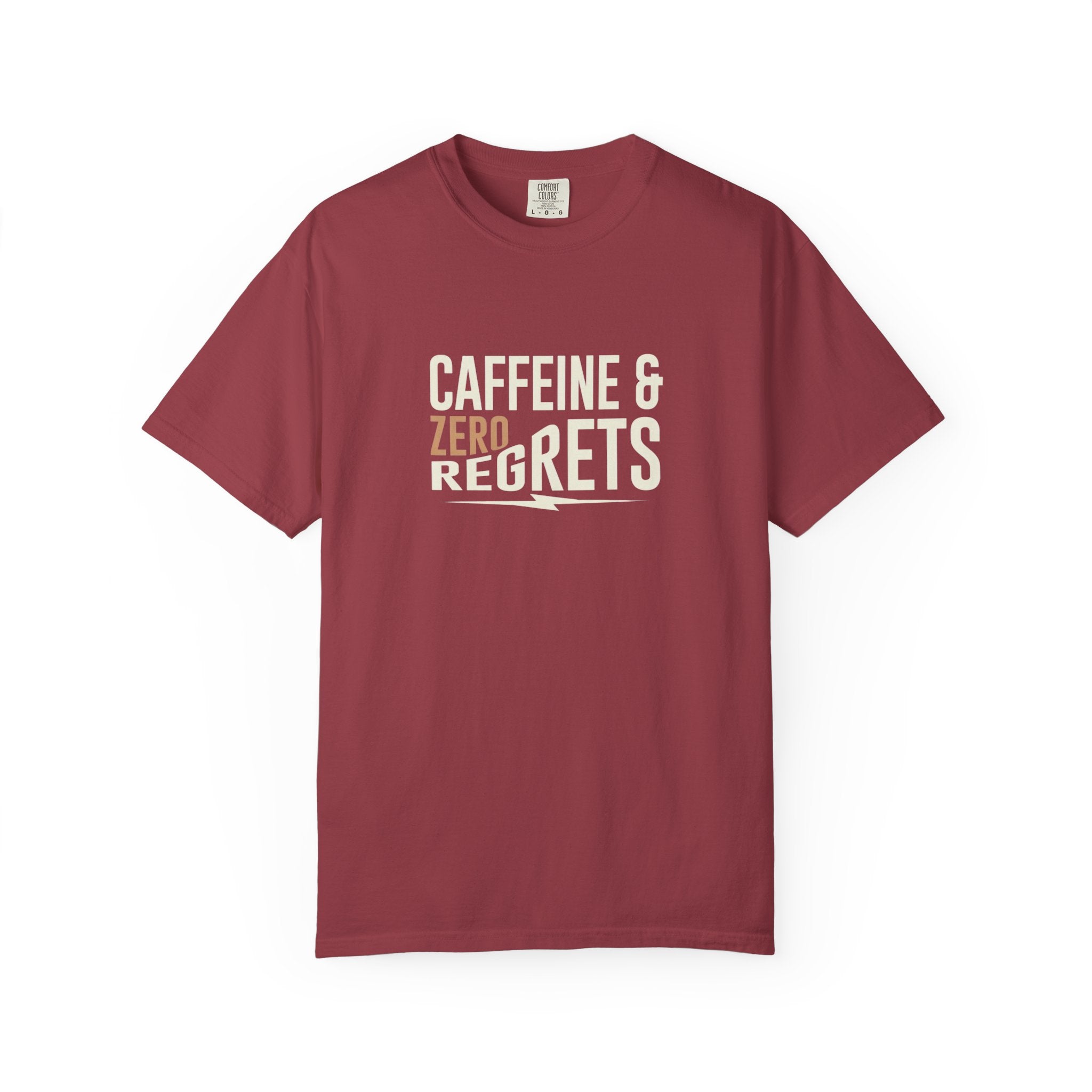 Caffeine & Zero Regrets T-Shirt - Funny Coffee Pun Tee - Sarcastic Barista Shirt - Minimalist Aesthetic Graphic Top - Premium Comfort Colors 1717