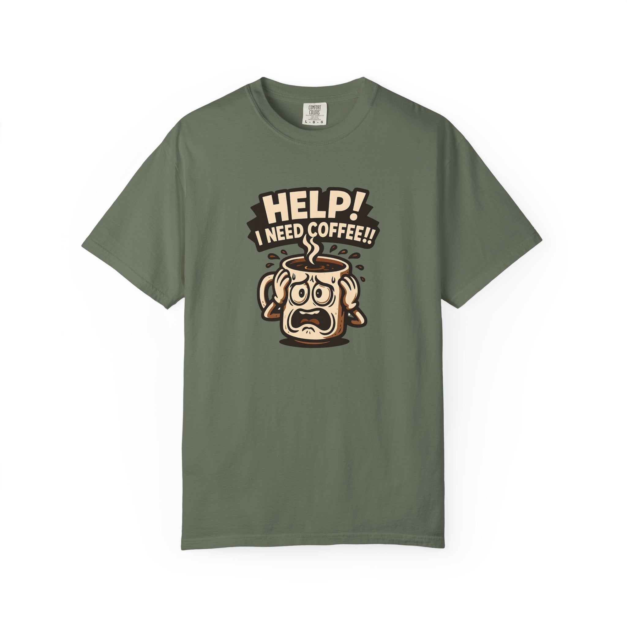 An olive green oversized cotton t-shirt featuring a graphic of a panicked coffee mug.