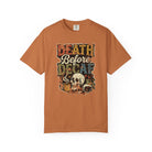 Rust-colored unisex cotton t-shirt with a distressed Death Before Decaf graphic and skull design.