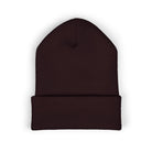 Embroidered coffee cup cuffed beanie in dark brown.