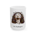 Personalized Devon Rex cat Halloween mug, 15oz white ceramic, with custom pet name on front