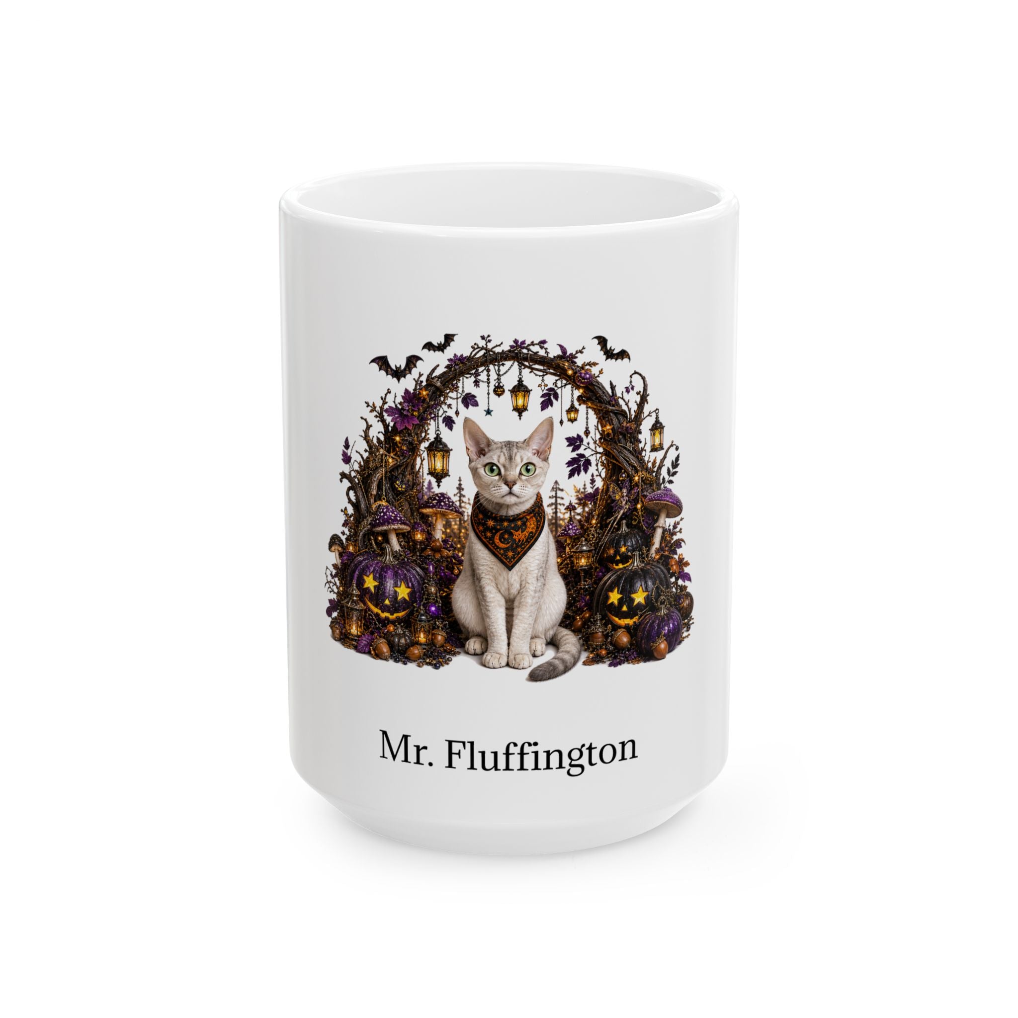 Personalized Devon Rex cat Halloween mug, 15oz white ceramic, with custom pet name on front