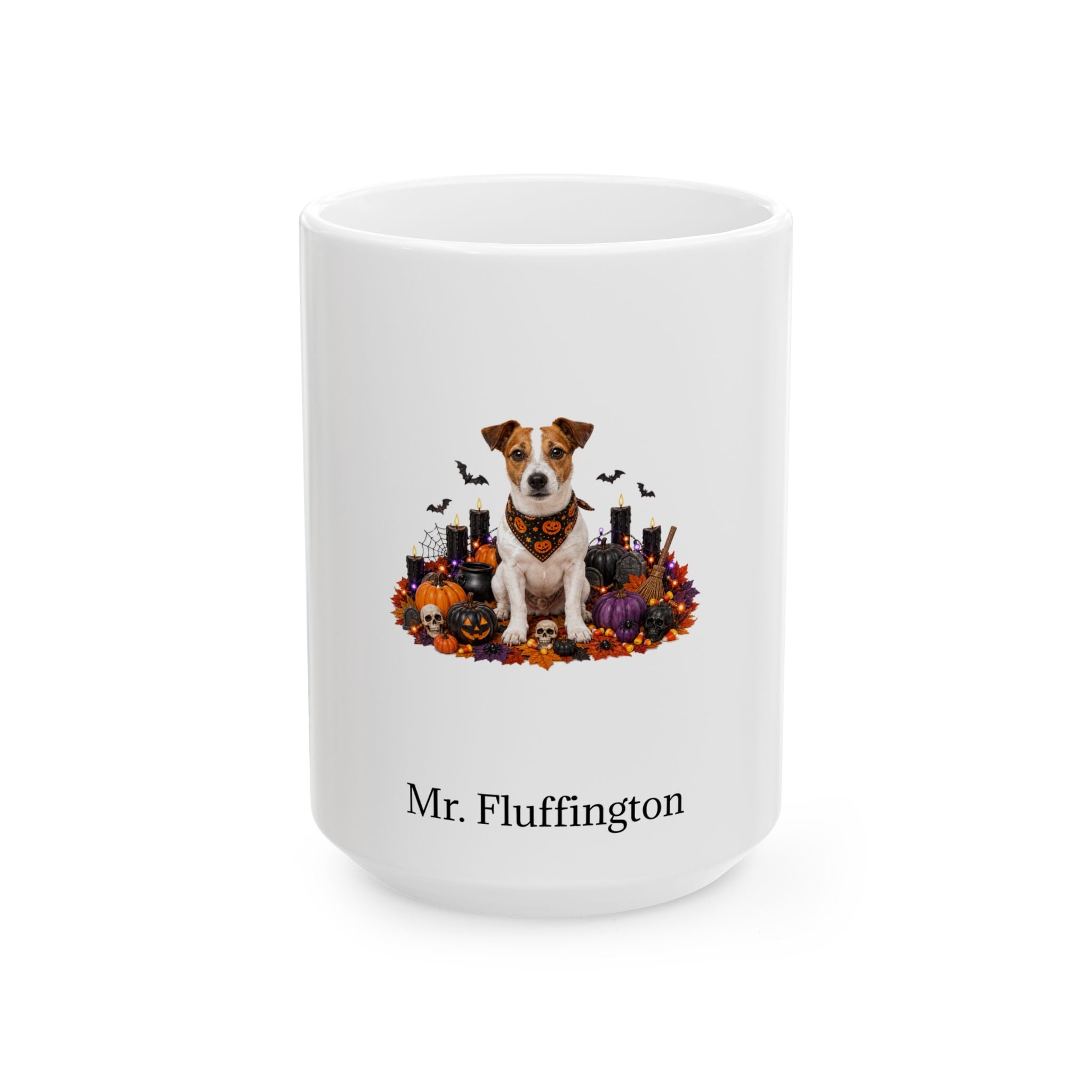Personalized Jack Russell Terrier dog Halloween mug, 11oz white ceramic, with custom pet name on front