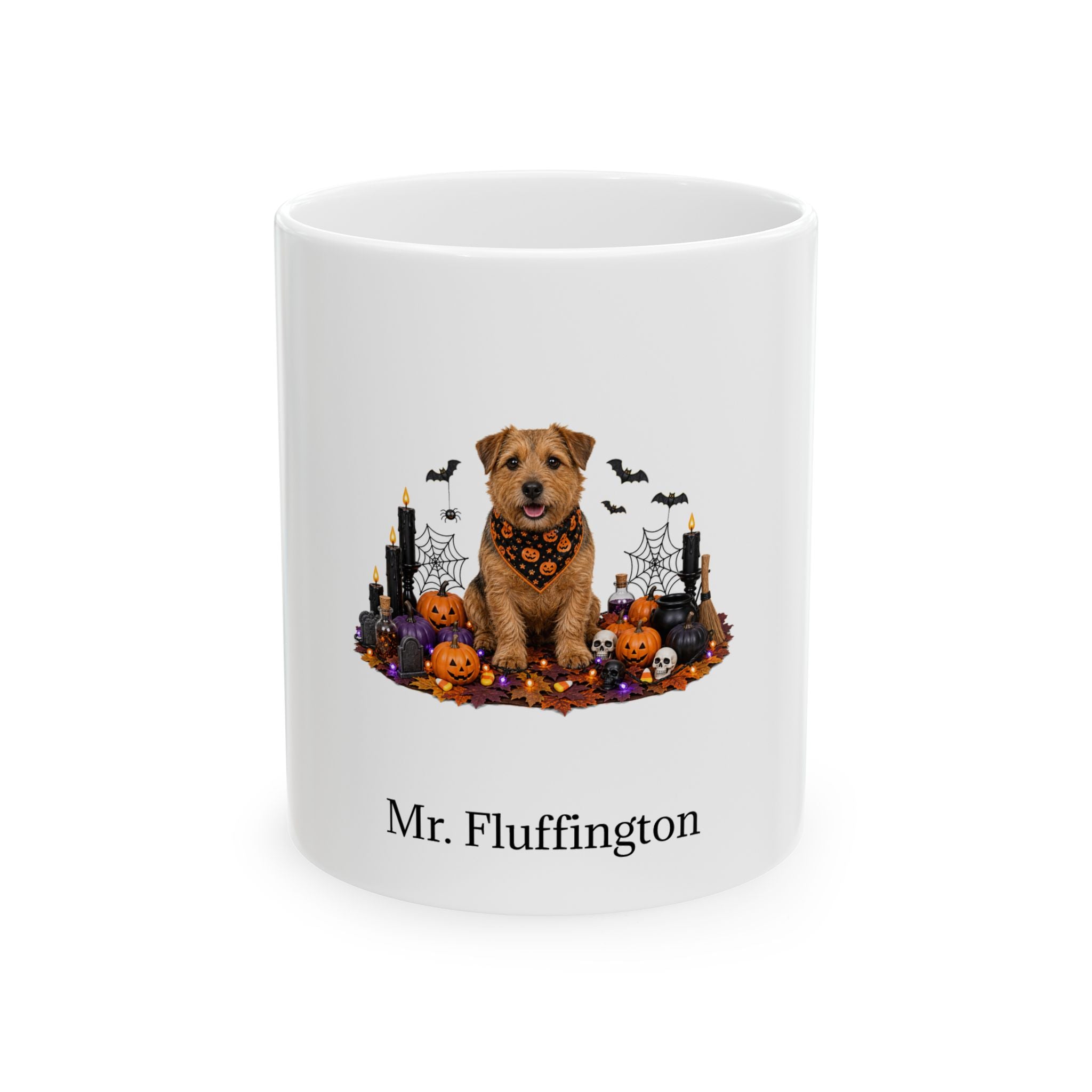 Personalized Norfolk Terrier dog Halloween mug, 11oz white ceramic, with custom pet name on front