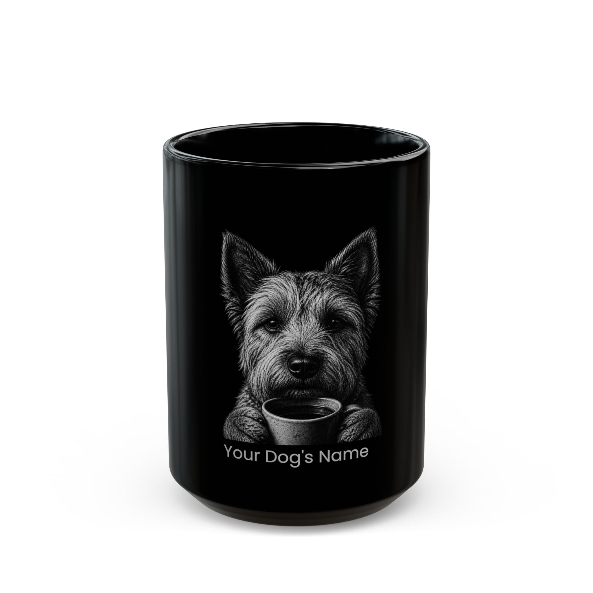 Personalized Cairn Terrier black ceramic coffee mug with custom dog name