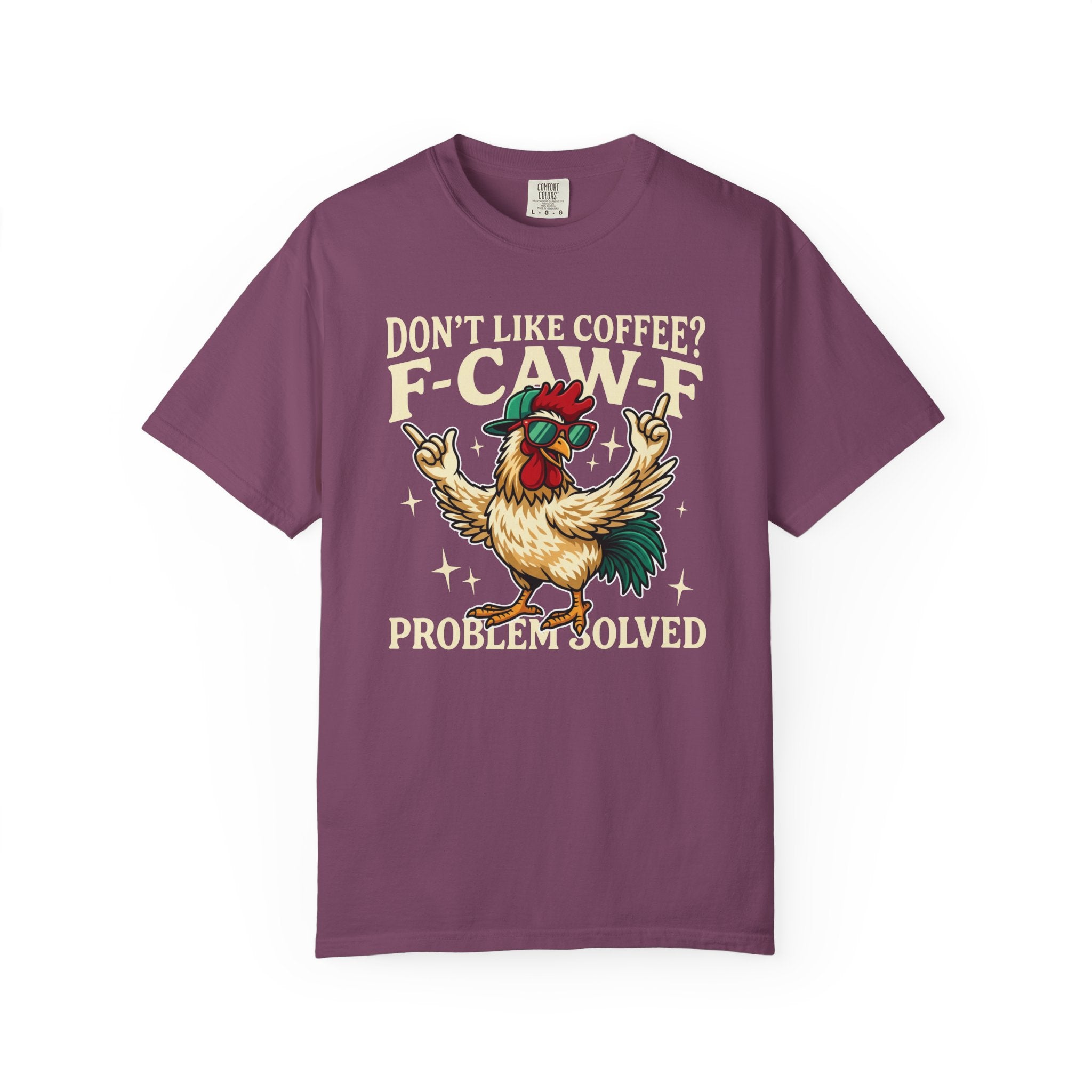 A purple crewneck t-shirt featuring a graphic of a cool rooster wearing sunglasses and a cap.