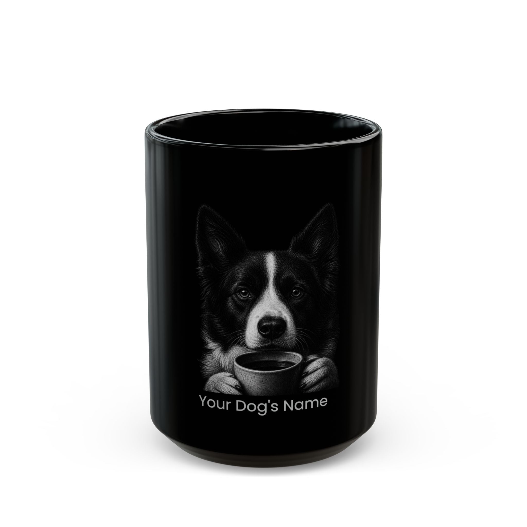 Personalized Karelian Bear Dog black ceramic coffee mug with custom dog name