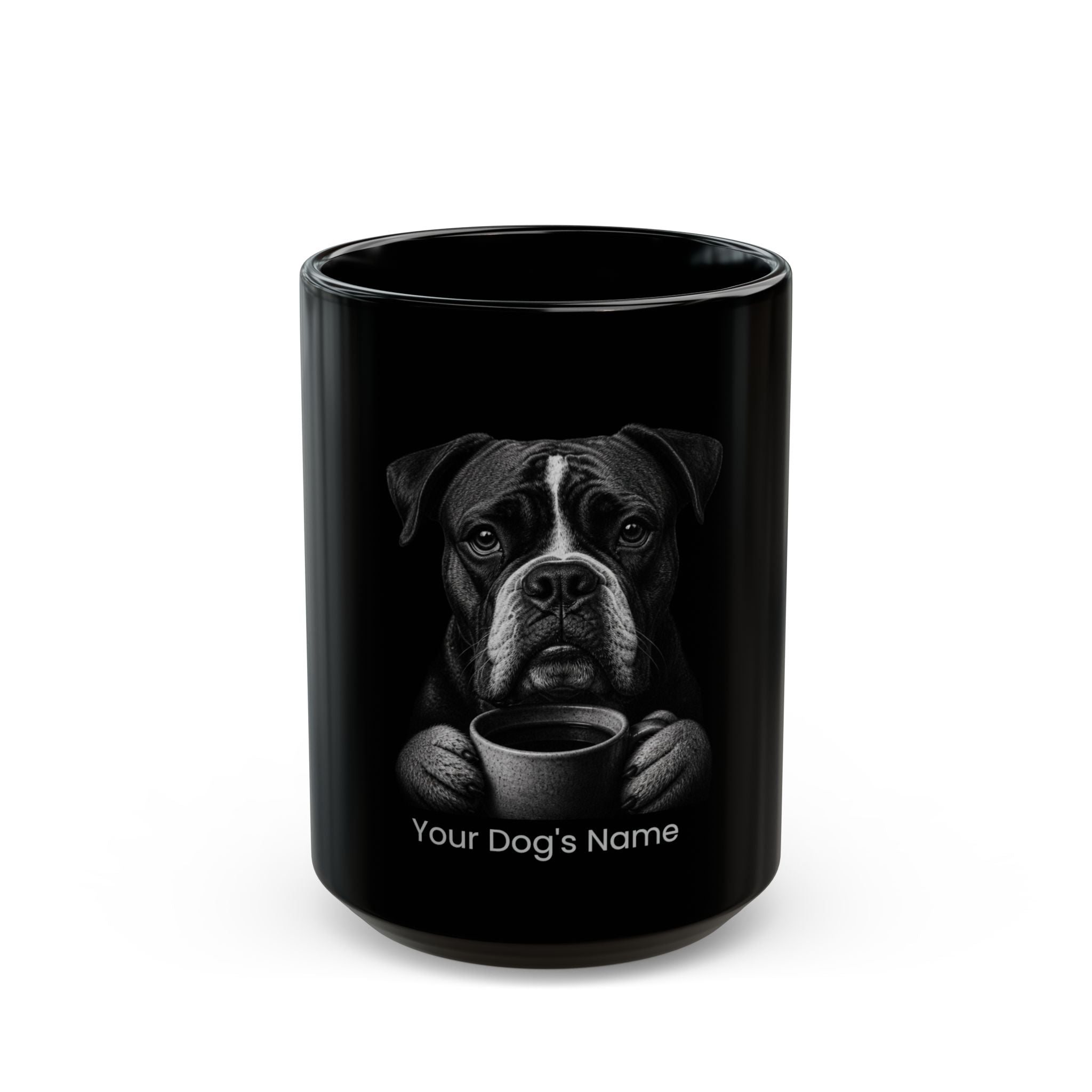 Personalized Campeiro Bulldog black ceramic coffee mug with custom dog name