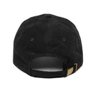 Back view of a black corduroy baseball cap with an adjustable gold-toned metal buckle strap.