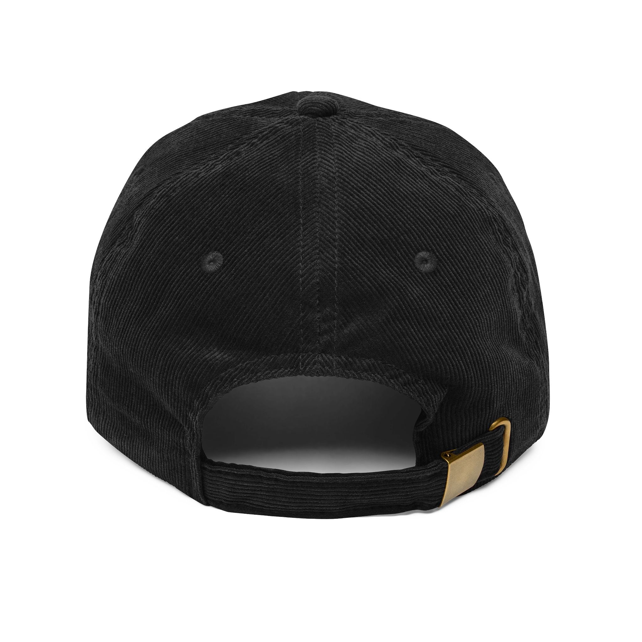 Back view of a black corduroy baseball cap with an adjustable gold-toned metal buckle strap.