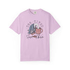 Light purple unisex t-shirt with a graphic of a bird in a robe with its head in a coffee mug.