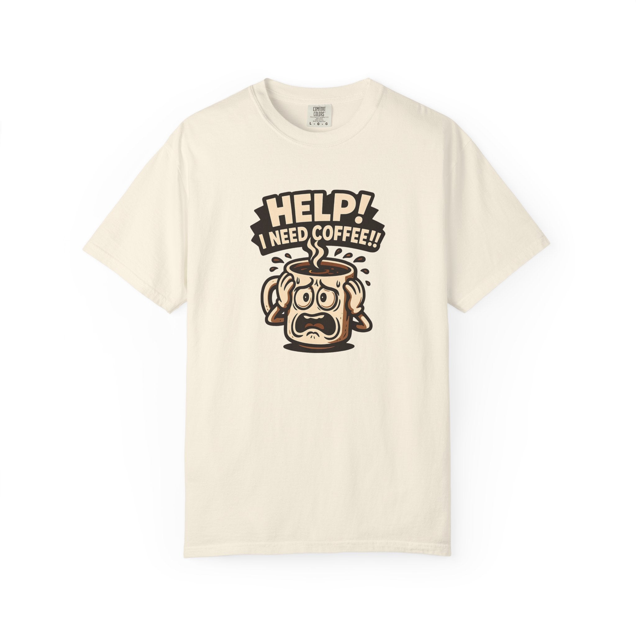 A cream-colored oversized cotton t-shirt featuring a graphic of a panicked coffee mug.
